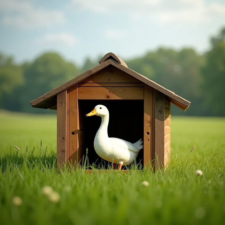 Abrigo ideal para patos em um pasto verde.