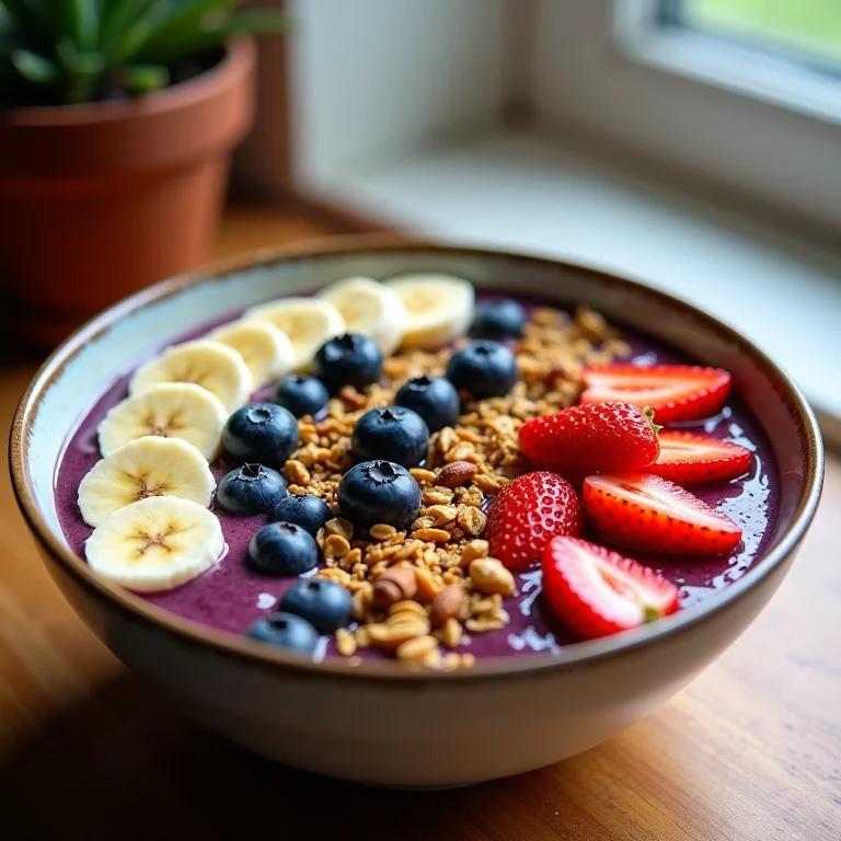 Açaí com frutas frescas, granola e castanhas.