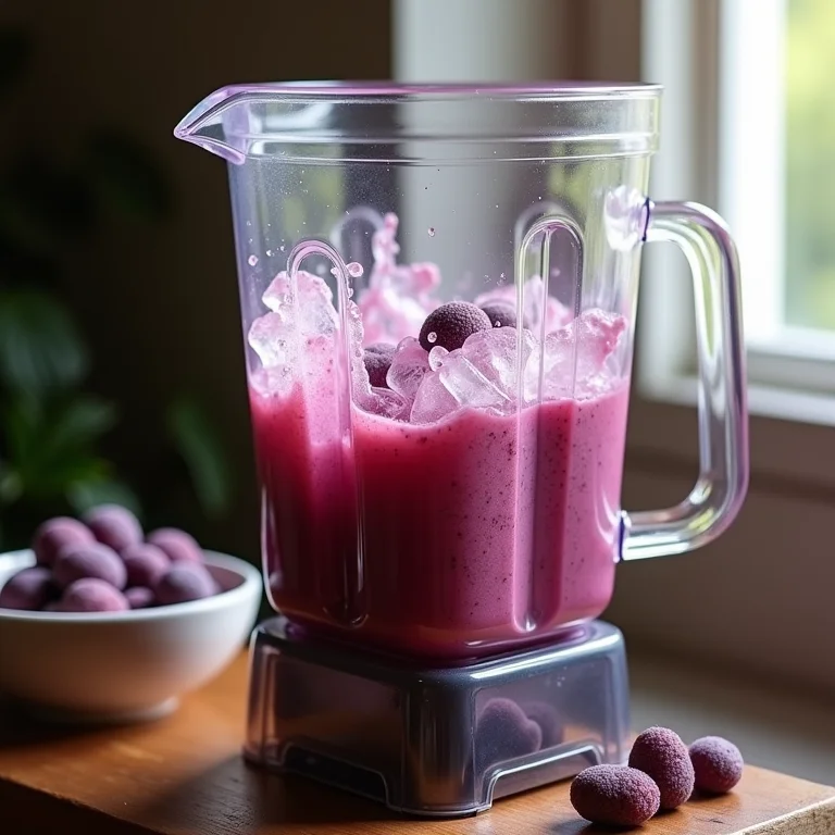 Açaí congelado sendo processado no liquidificador.