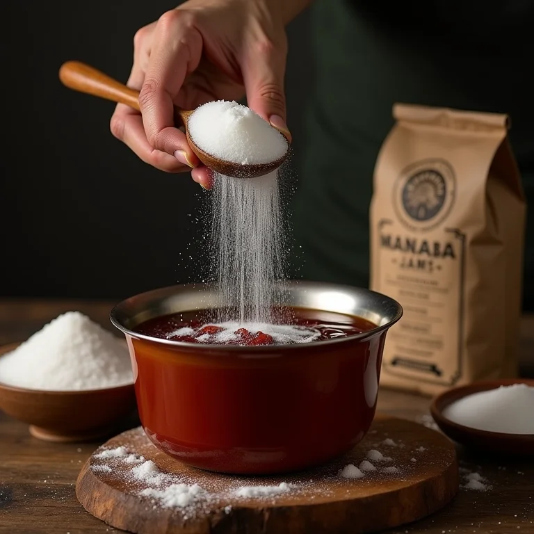 Açúcar de qualidade sendo adicionado ao doce de mangaba.