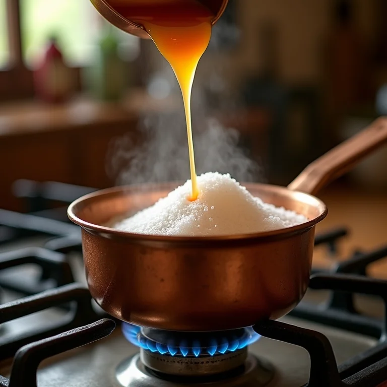 Açúcar derretendo para a calda de caramelo.