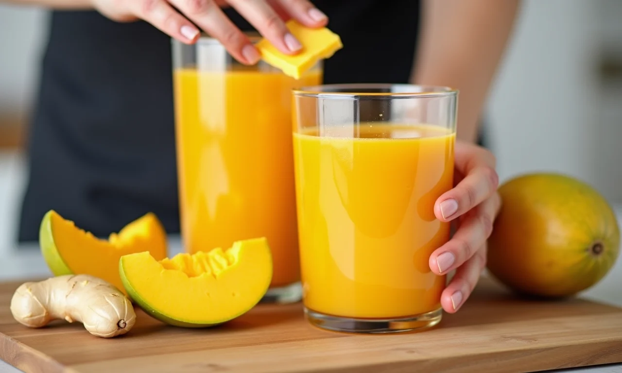 Adicionando gengibre ao suco de manga para um toque refrescante.