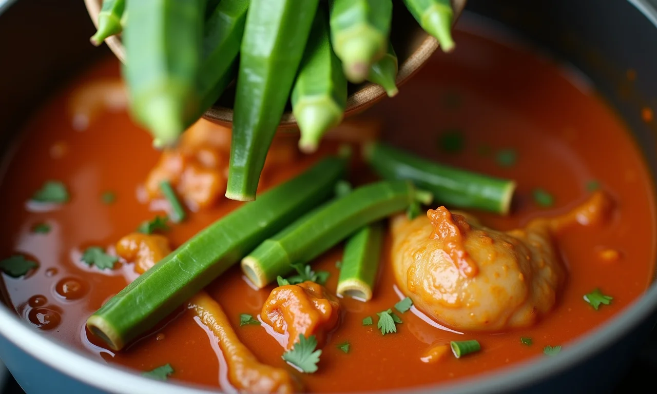 Adicionando o quiabo no final do cozimento.