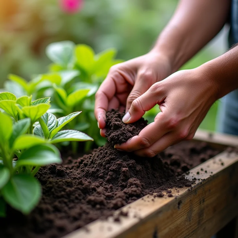 Adubando a horta vertical de palete com adubo orgânico.