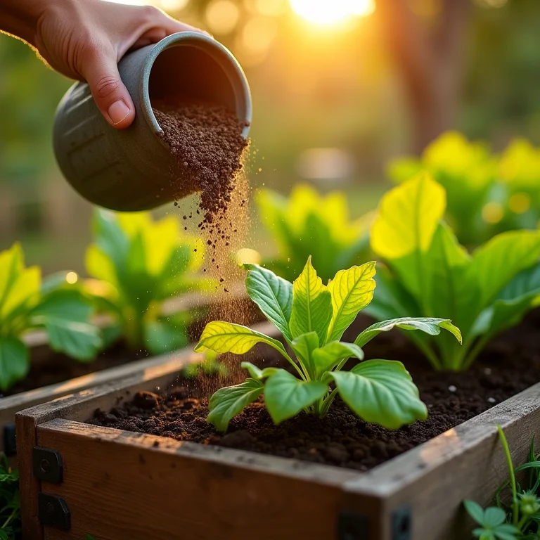 Adubo sendo aplicado em um canteiro de horta para nutrir as plantas.