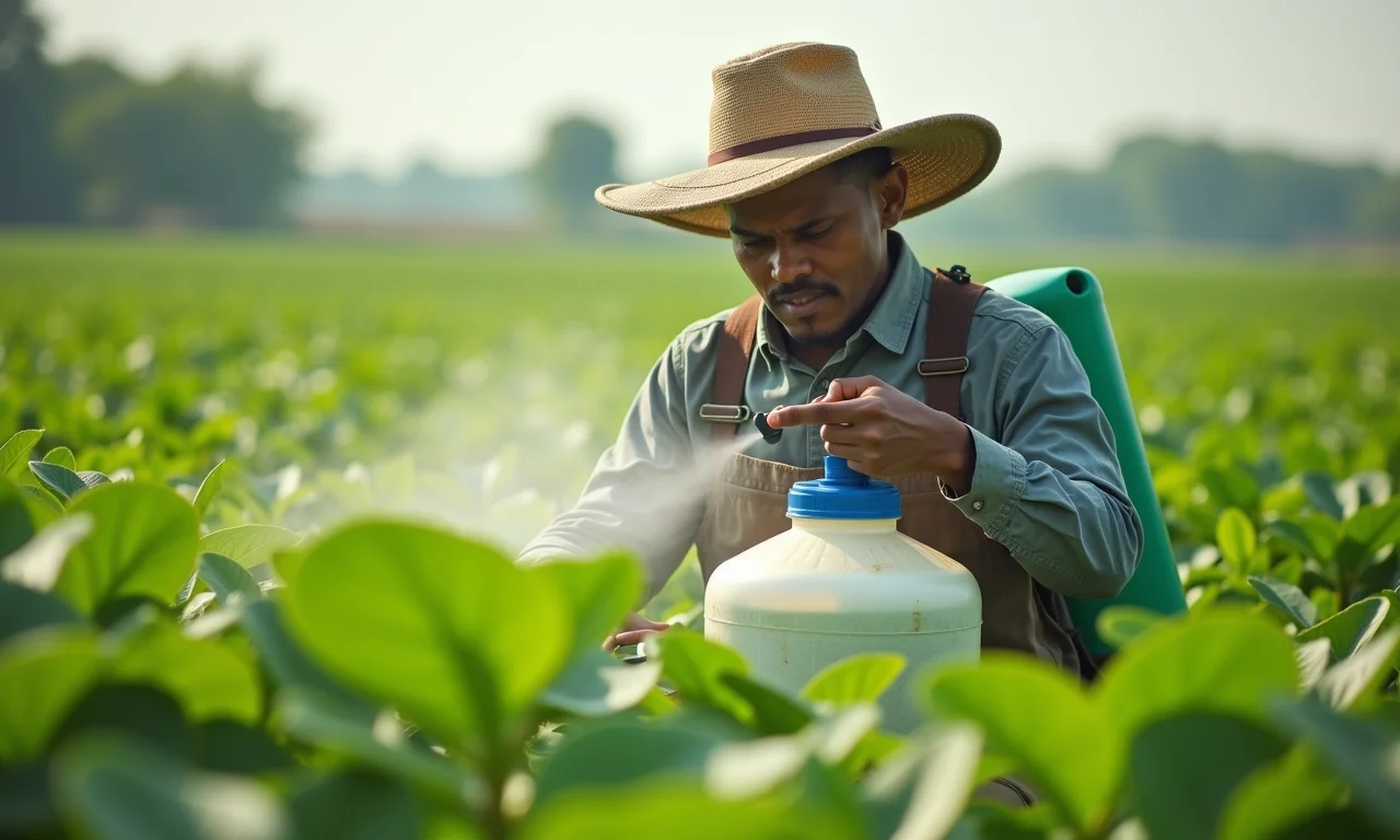 Agricultor aplicando pesticida orgânico em plantas de feijão caupi.