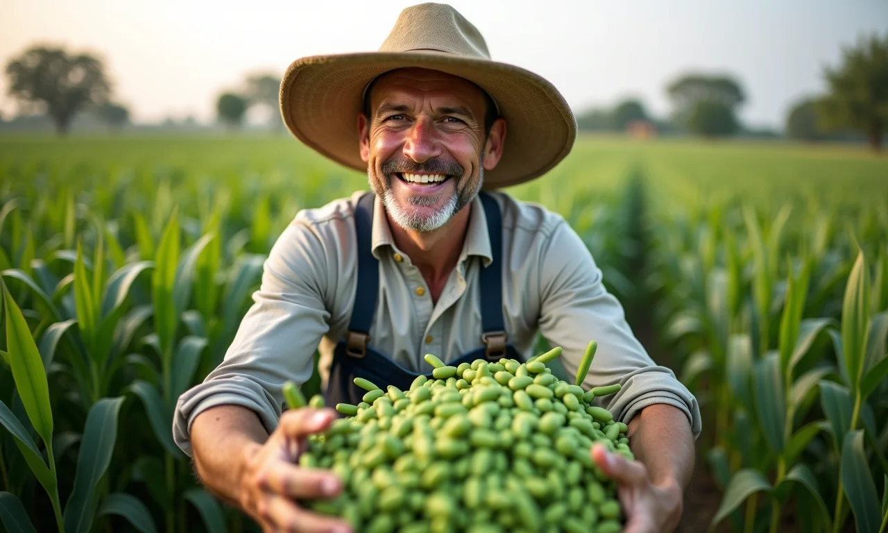Agricultor colhendo feijão caupi várias vezes ao ano.