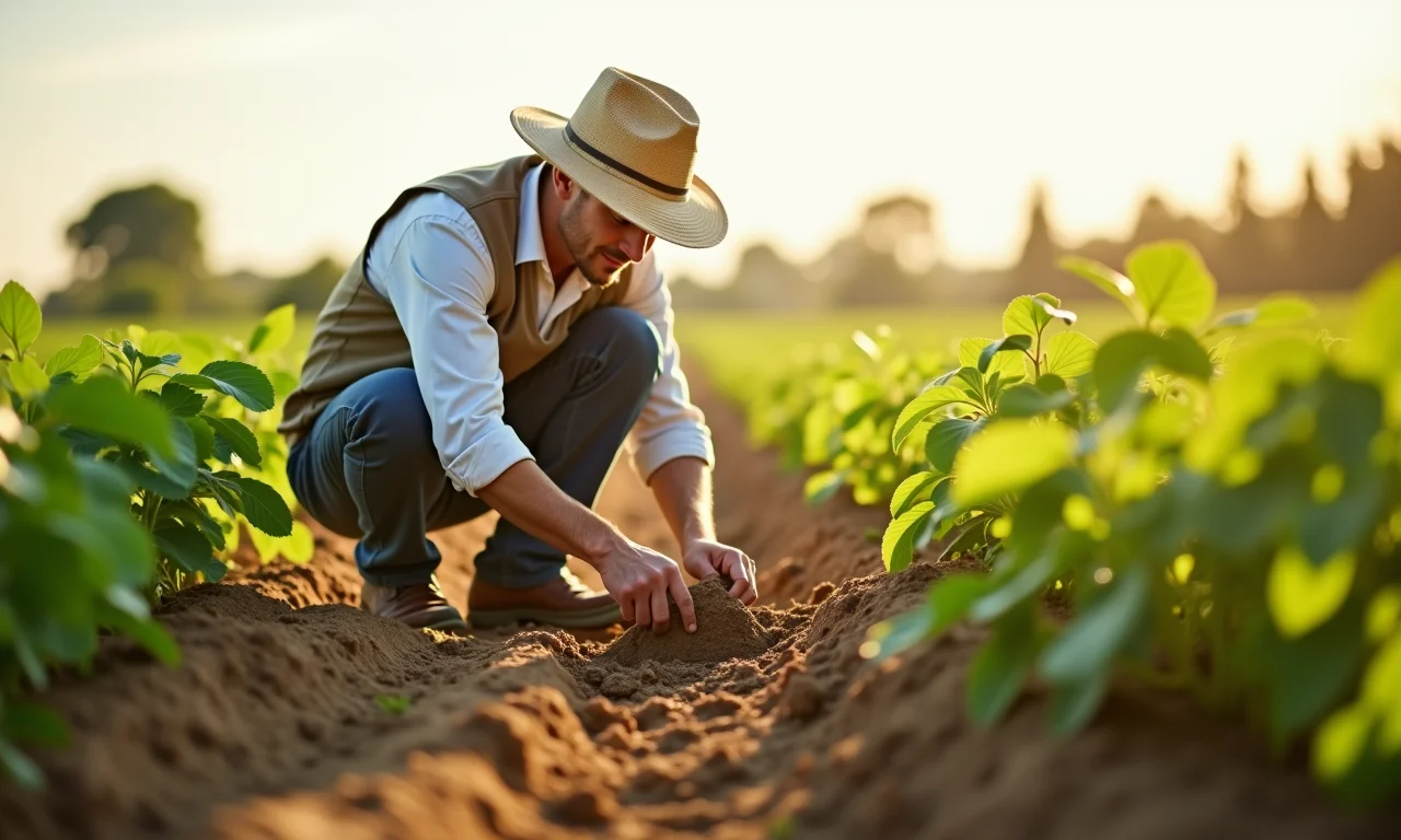 Agricultor examinando a qualidade do solo em plantação de feijão caupi.
