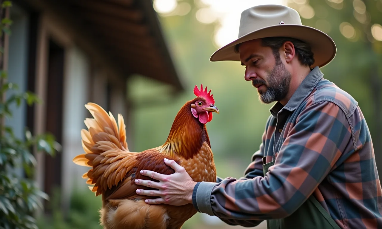 Agricultor examinando galinha que parou de botar.
