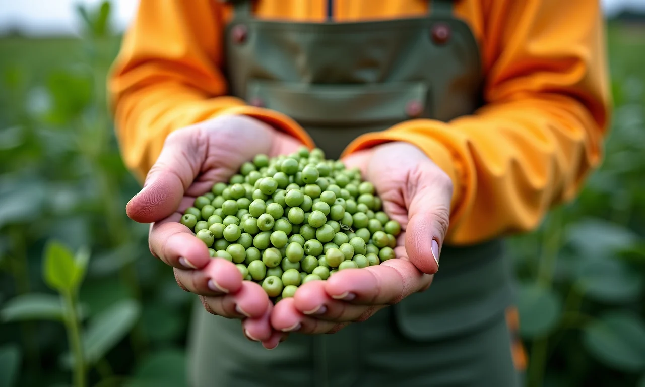 Agricultor segurando um saco de sementes certificadas de feijão caupi.
