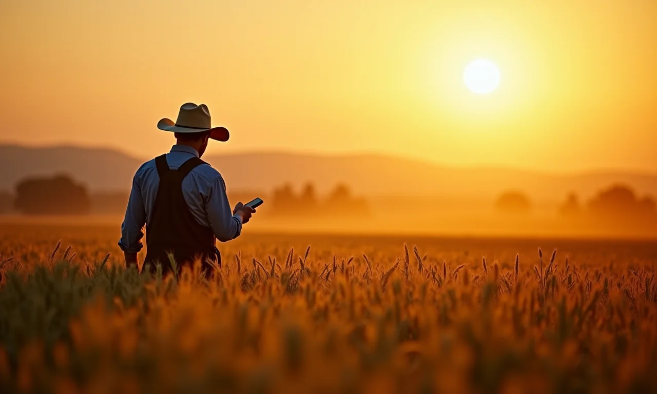 Agricultor verificando plantação de aveia ao nascer do sol.