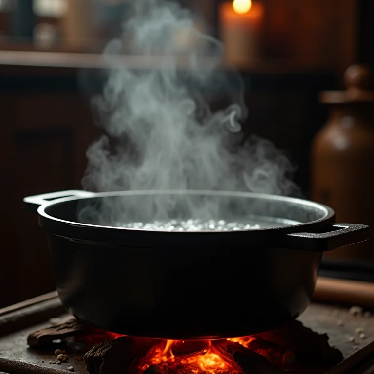 Água fervendo em panela de ferro para o preparo do angu.