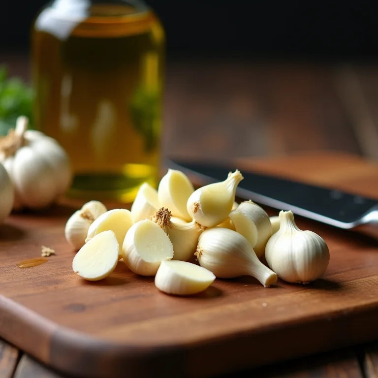 Alho sendo picado com azeite para bruschetta.