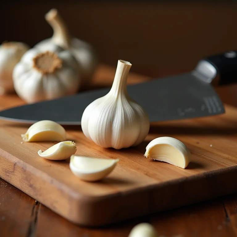 Alho sendo picado em tábua de madeira