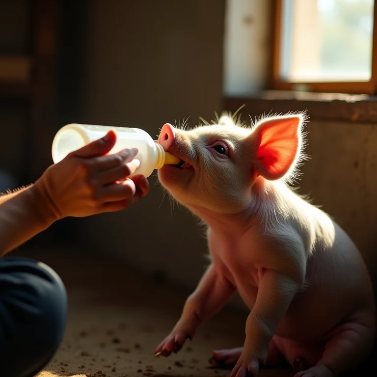 Alimentando um filhote de porco vietnamita.
