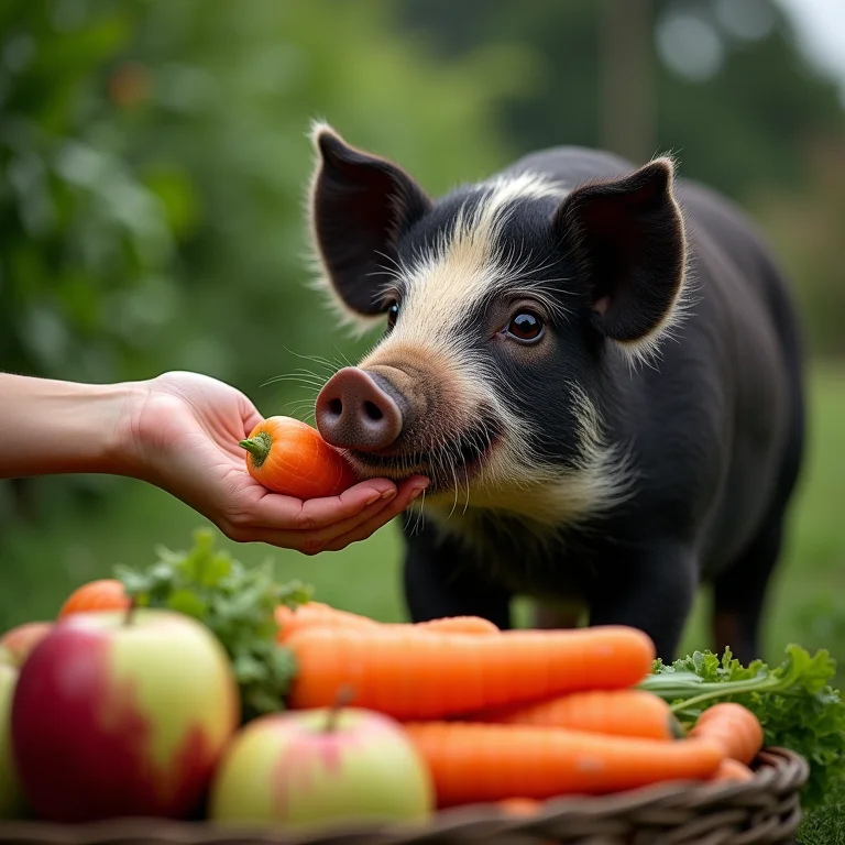 Alimentando um porco vietnamita com vegetais.