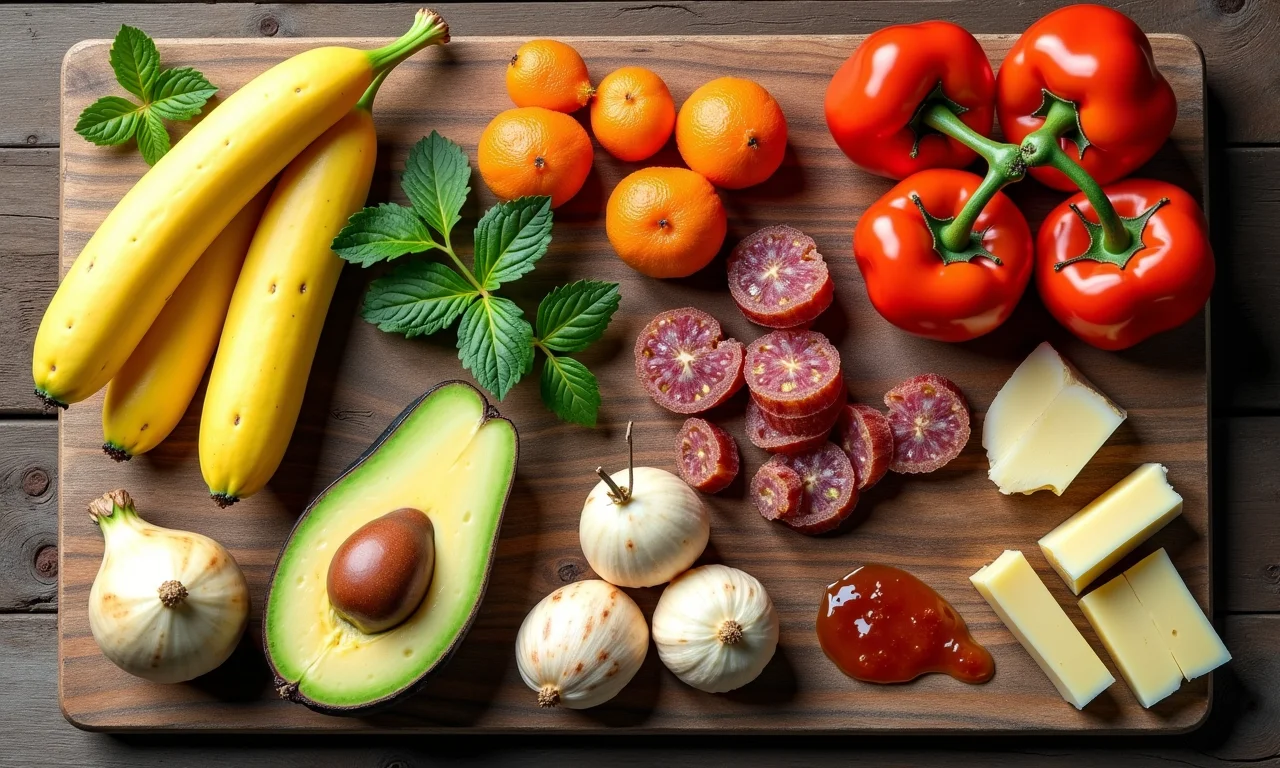 Alimentos proibidos para patos dispostos em uma superfície rústica.