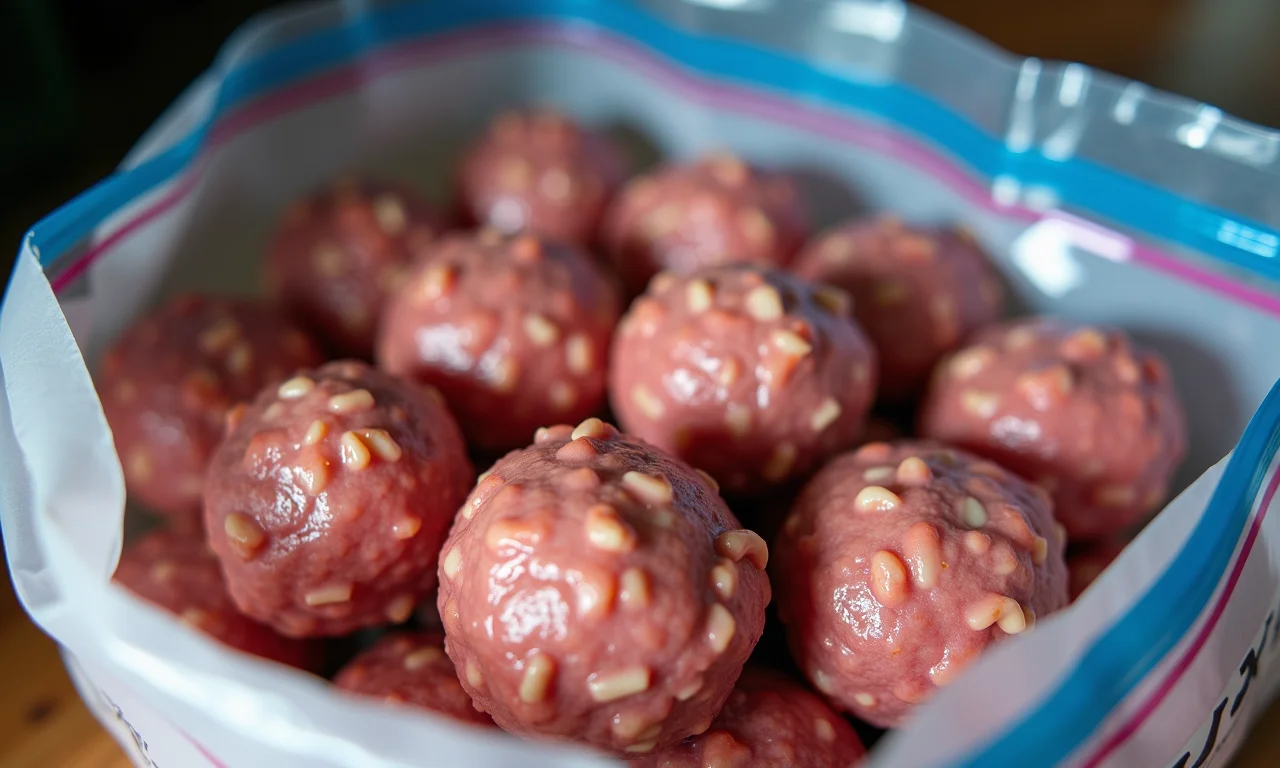 Almôndegas congeladas em um saco com etiqueta e data em um freezer organizado.