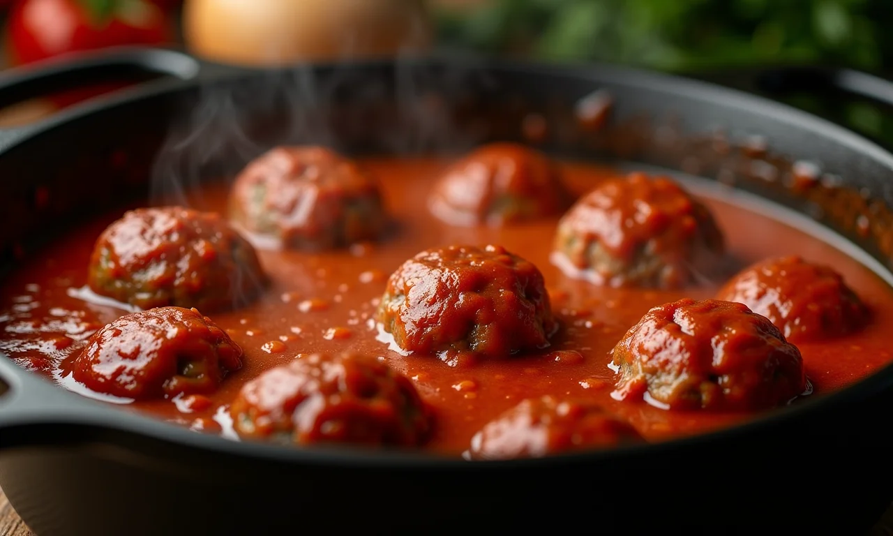 Almôndegas cozinhando em molho de tomate em uma panela de ferro, com vapor e cores ricas.