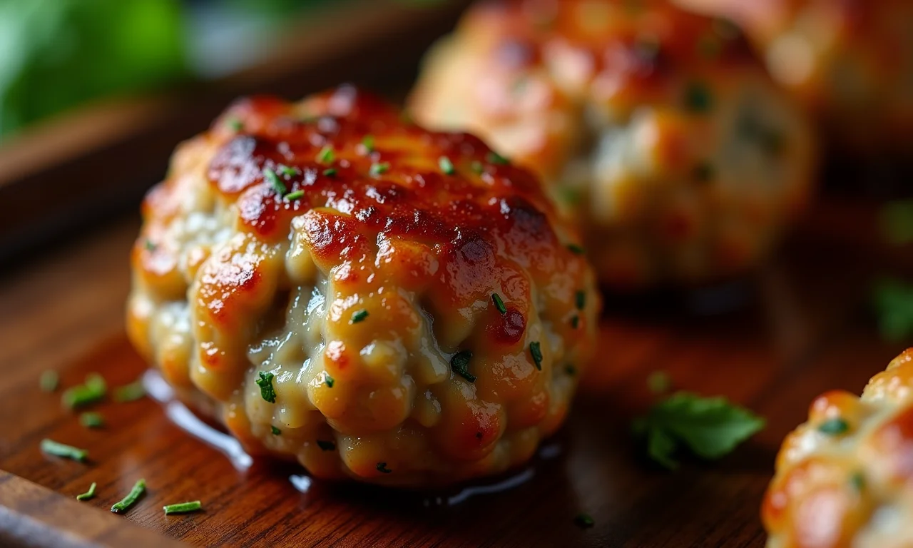 Almôndegas macias e saborosas em uma tábua de madeira, com detalhes da textura e ervas frescas.