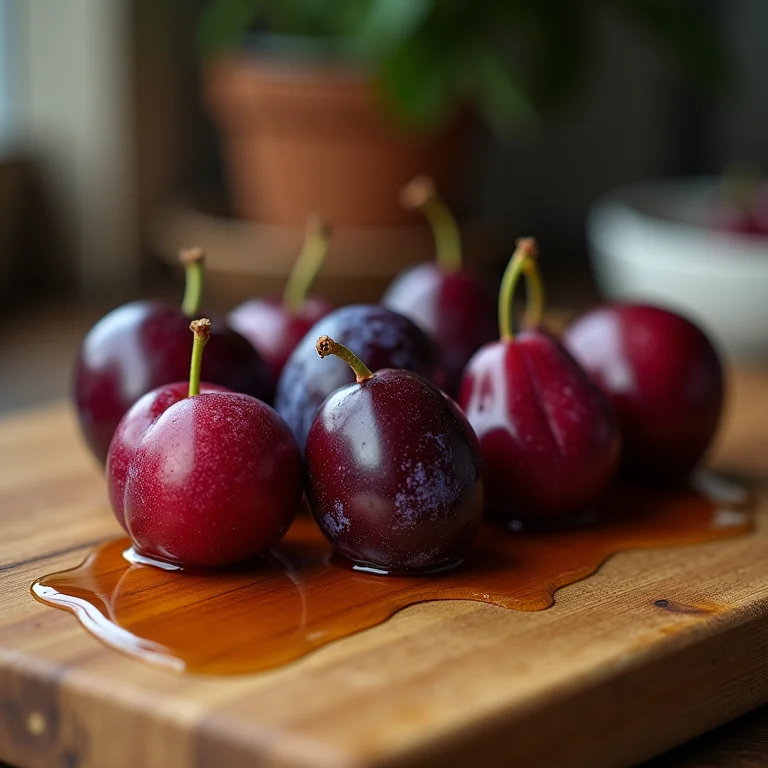 Ameixas frescas e em calda lado a lado