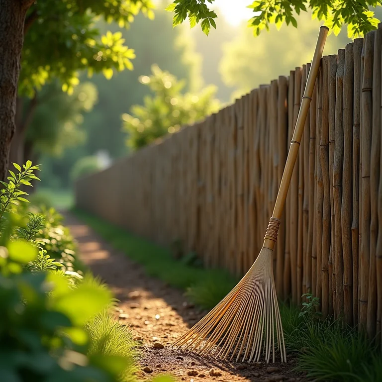 Ancinho de bambu encostado na cerca de madeira