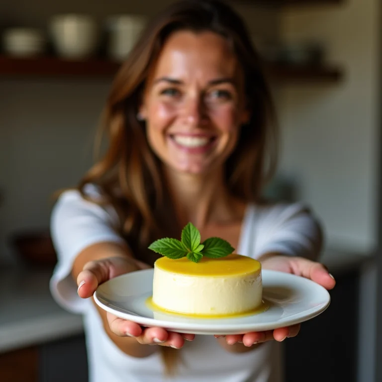Anfitriã feliz oferecendo mousse de limão