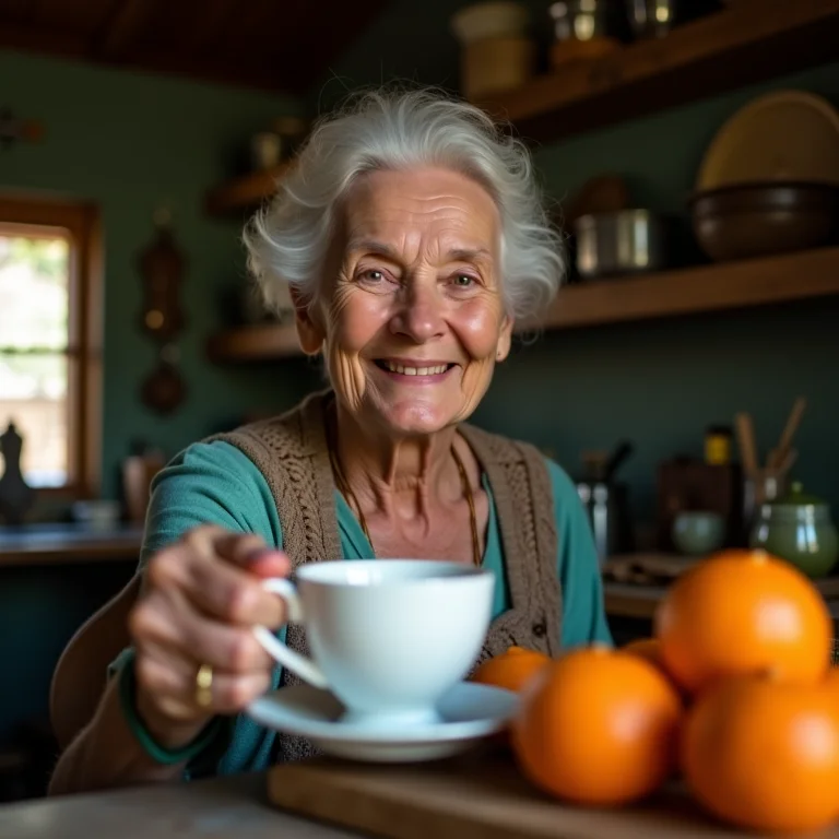 Anfitriã mineira oferecendo chá de casca de laranja.