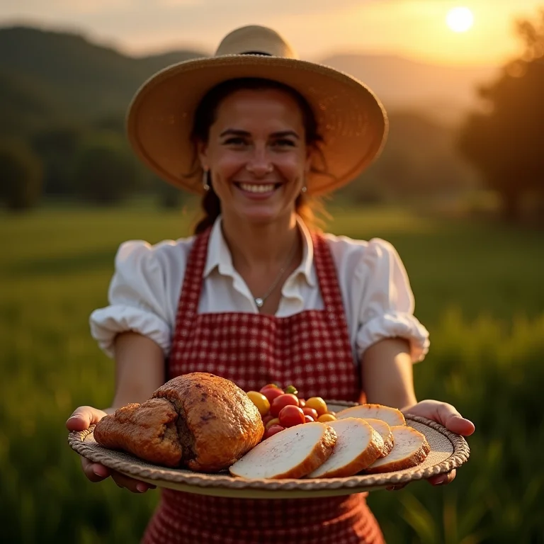 Anfitriã mineira oferecendo degustação de peru e chester.