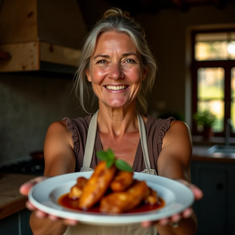Anfitriã mineira oferecendo um prato de frango com pequi.