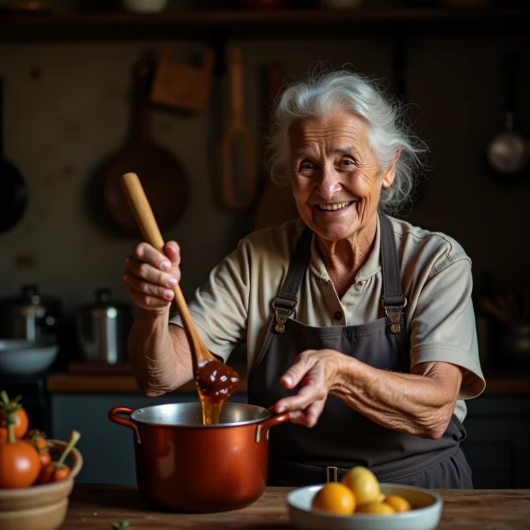 Anfitriã mineira preparando geleia de café caseira.
