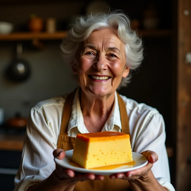 Anfitriã mineira segurando fatia de pudim de laranja.