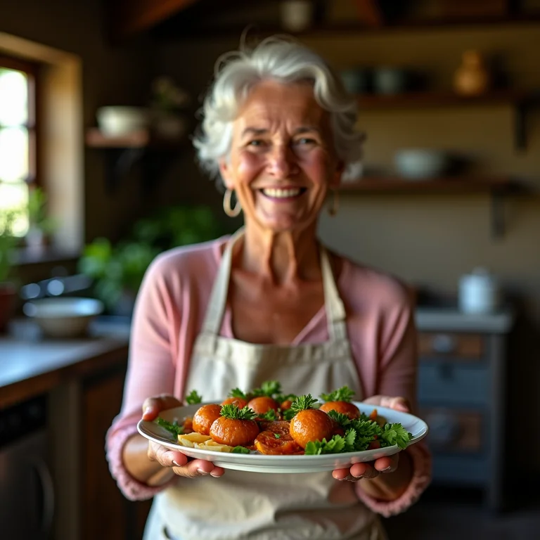 Anfitriã mineira sorrindo com um prato de feijão tropeiro.