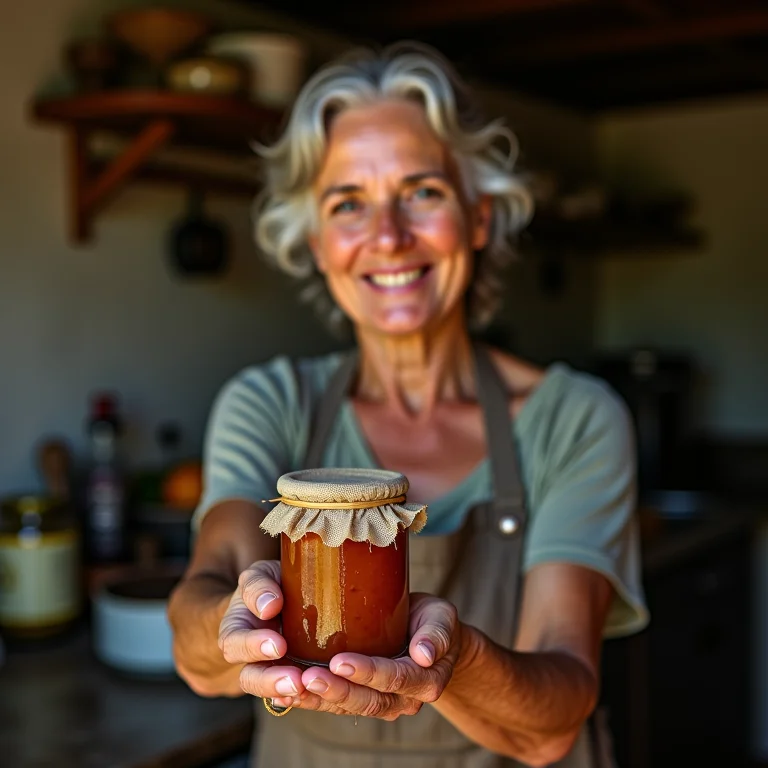 Anfitriã mineira sorrindo e oferecendo um pote de doce de mangaba