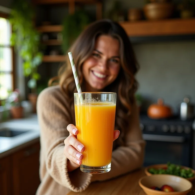 Anfitriã oferecendo um copo de suco de pitanga