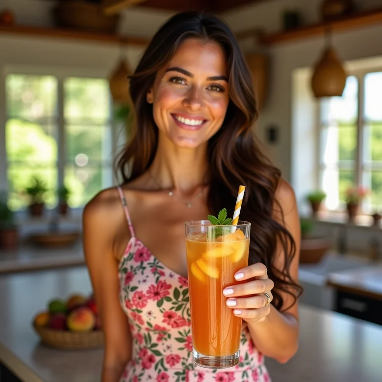 Anfitriã sorrindo com copo de chá gelado de pêssego.