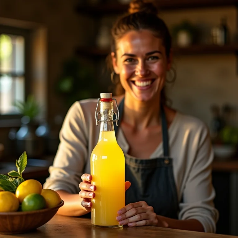 Anfitriã sorrindo com uma garrafa de limoncello caseiro.