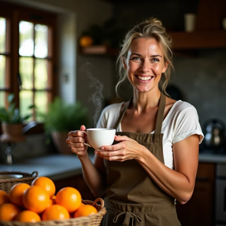 Anfitriã sorrindo com xícara de chá