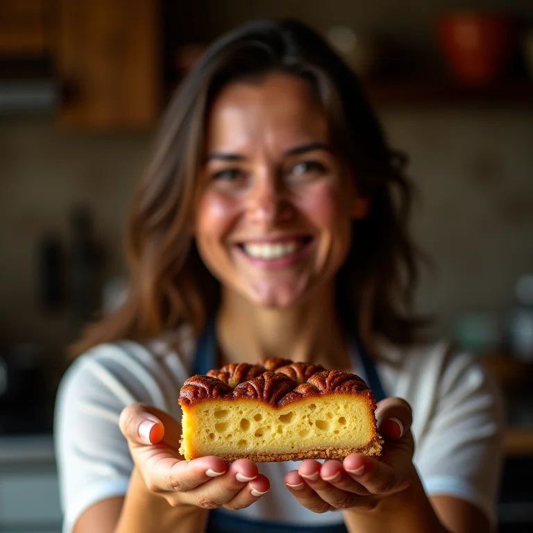 Anfitriã sorrindo e oferecendo um pedaço de Torta Capixaba.
