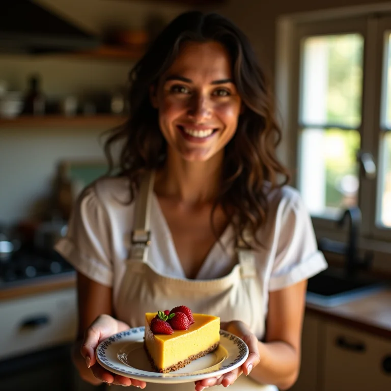 Anfitriã sorrindo oferece fatia de pudim de maracujá.