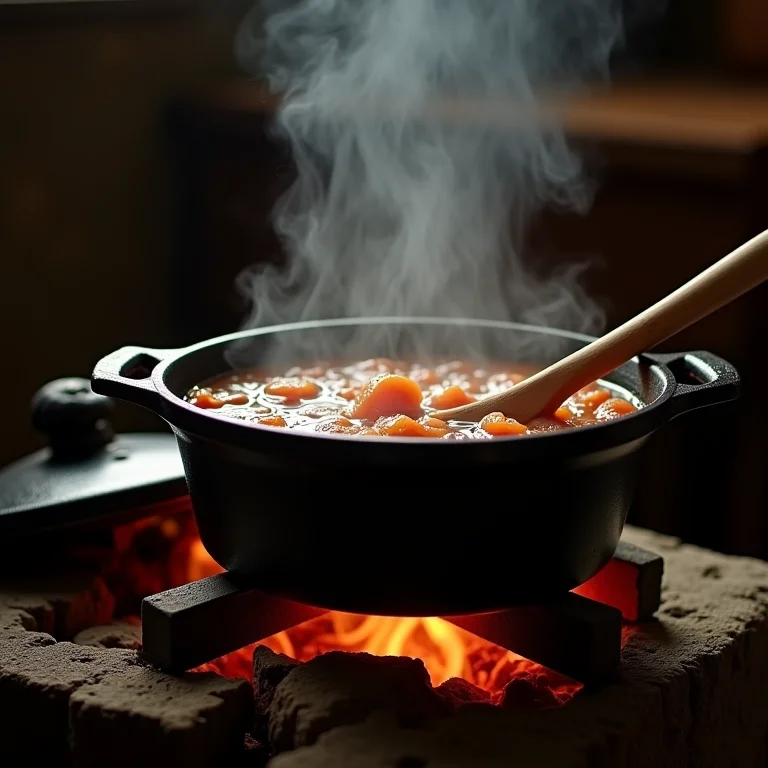 Angu cozinhando lentamente em fogão a lenha.