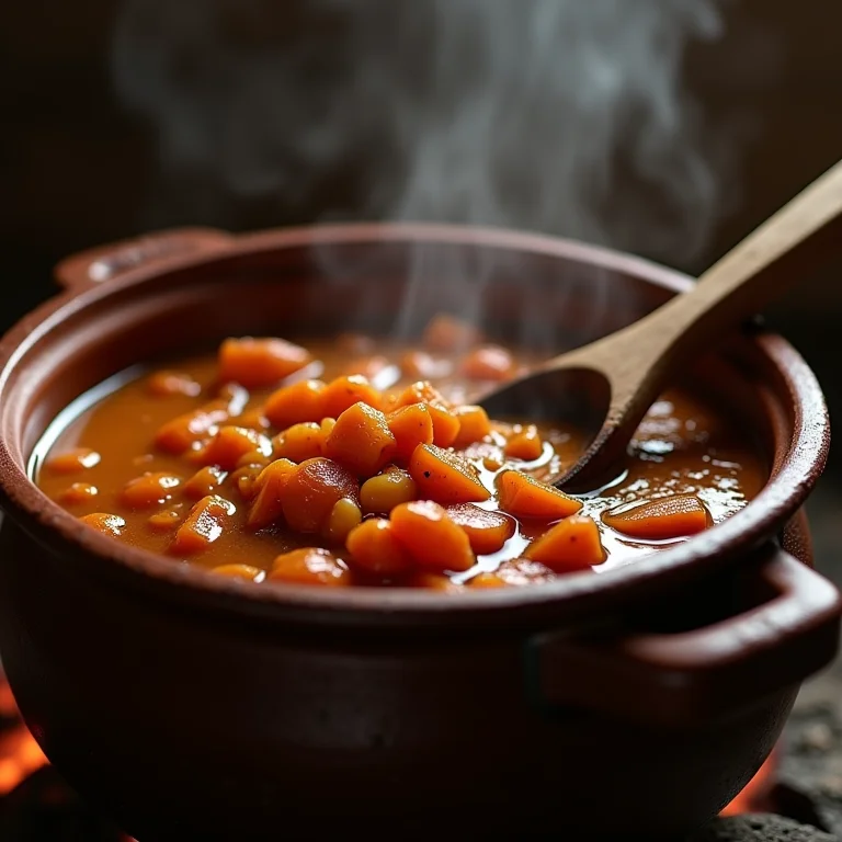 Angu cozinhando lentamente em panela de barro.
