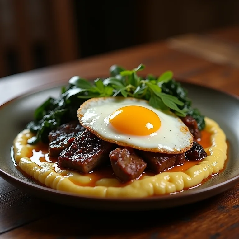 Angu cremoso servido com costela, couve e ovo frito.