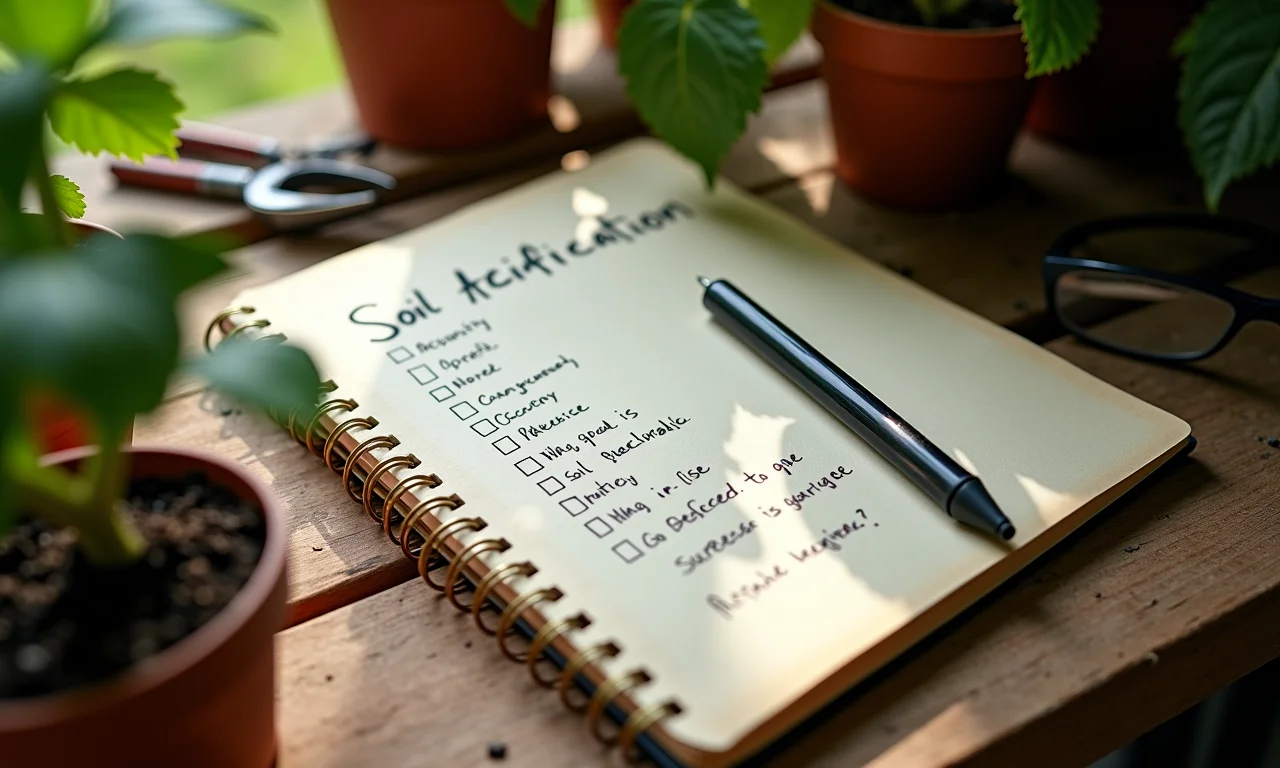 Anotações sobre acidificação do solo em um caderno.