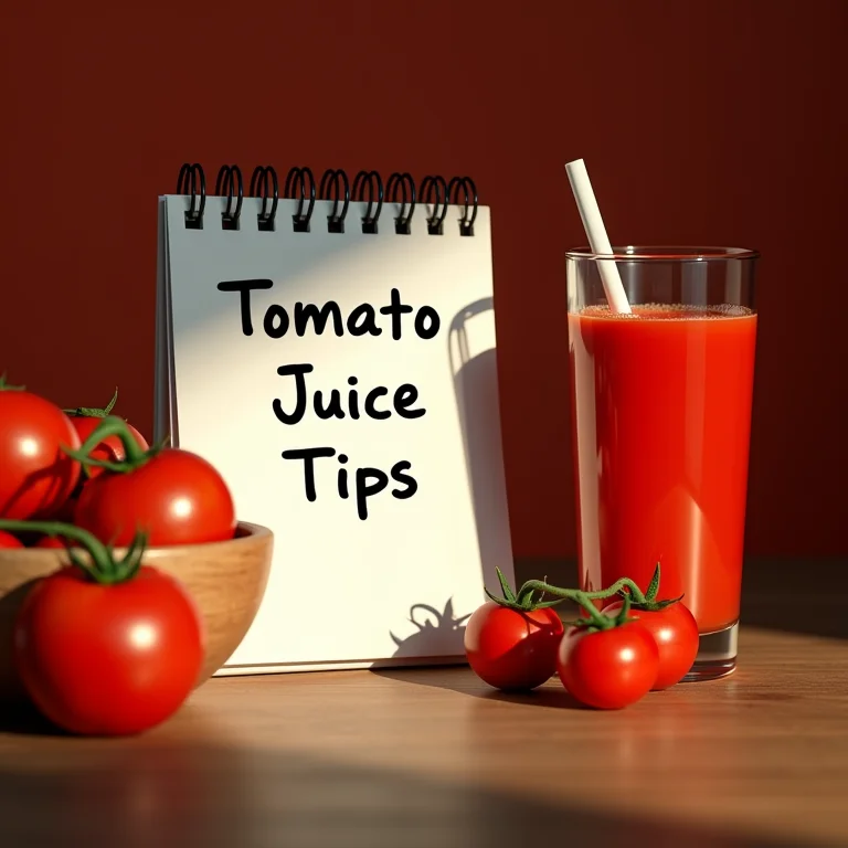 Anotações sobre suco de tomate ao lado de um copo e tomates frescos
