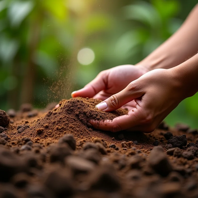 Aplicando adubo de cinzas sólido diretamente no solo.