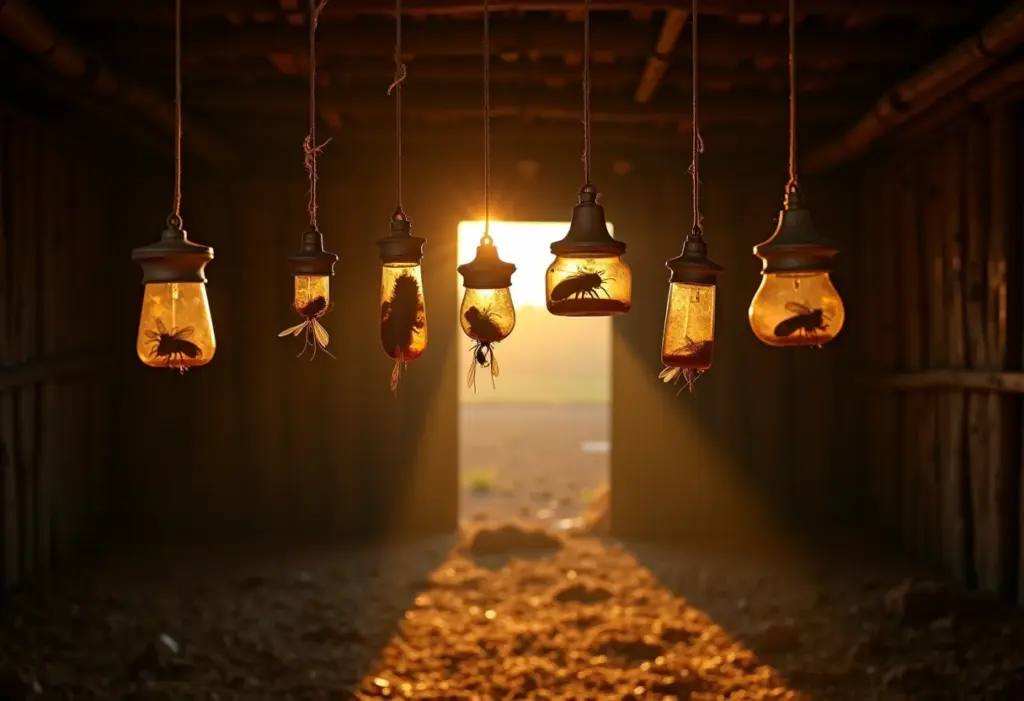 Armadilhas caseiras para moscas penduradas em curral rústico