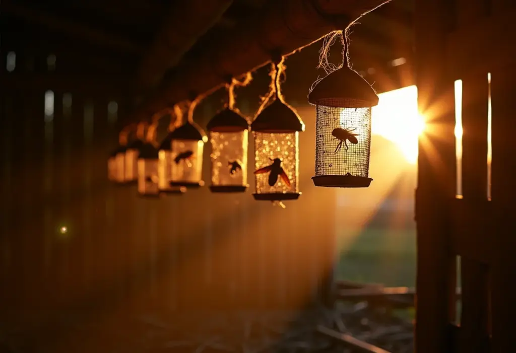 Armadilhas caseiras para moscas penduradas em curral rústico
