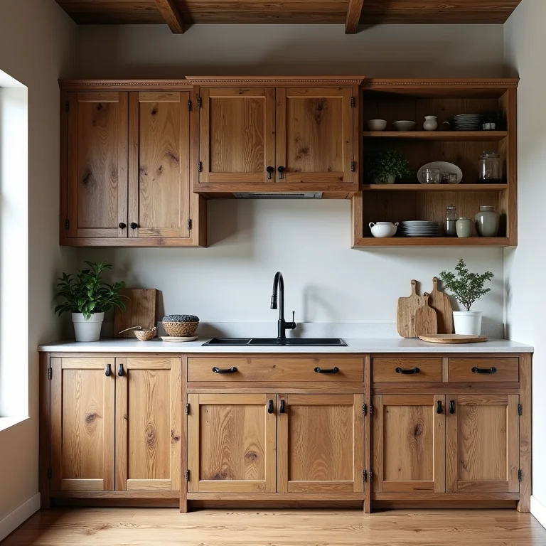 Armários e prateleiras de madeira de demolição na cozinha