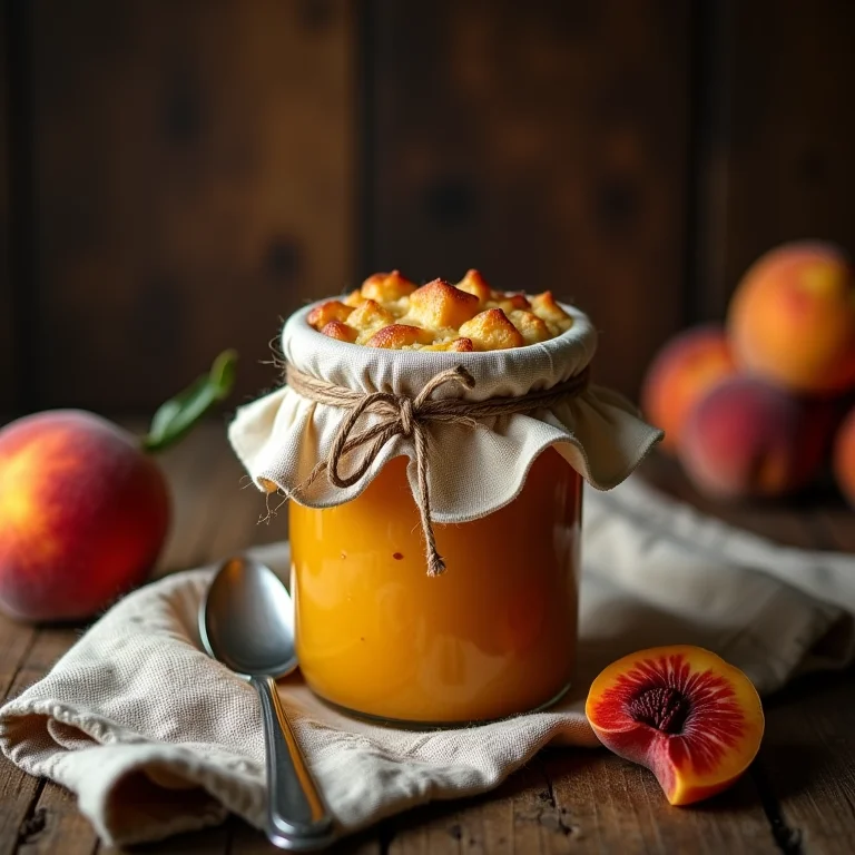 Armazenando peach cobbler em pote rústico